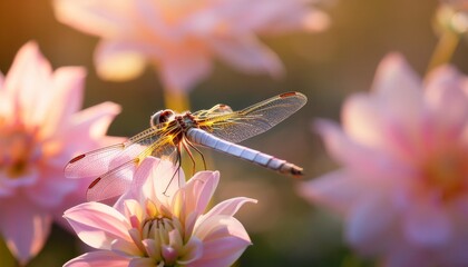 a delicate dragonfly rests on a pink flower bathed in soft gentle light