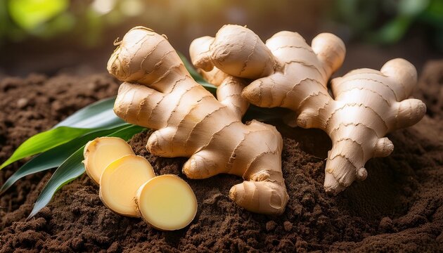 ginger zingiber officinale roots on ground nature bio ginger harvest