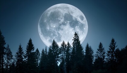 full moon rising behind a dense forest creating a mystical and serene illustration