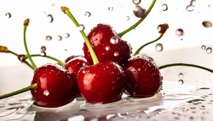 fresh red cherry with water drops falling seasonal dessert fruit in realistic photo