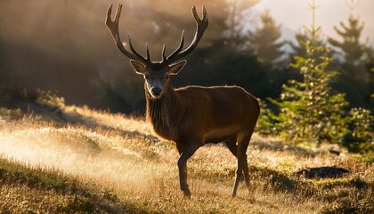 a majestic deer with large antlers emerges from the shadows its powerful presence illuminated by a subtle ethereal glow