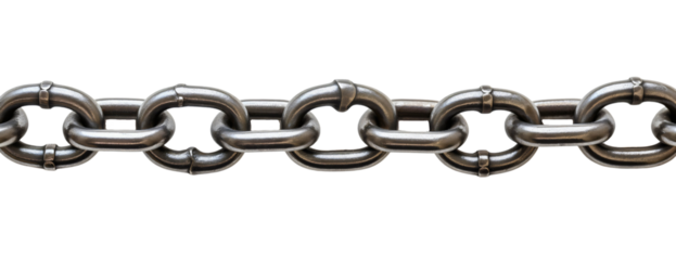 Silver chain isolated on transparent background. Shiny metal steel iron link object, metallic strong security accessory, heavy long straight industry safety, stainless protection equipment, connection