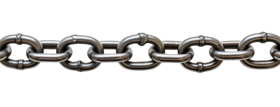Silver chain isolated on transparent background. Shiny metal steel iron link object, metallic strong security accessory, heavy long straight industry safety, stainless protection equipment, connection