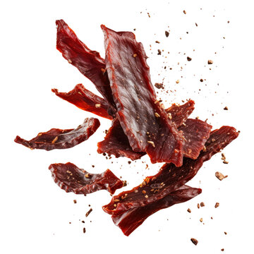 flaying beef jerky isolated on transparent white background, clipping path