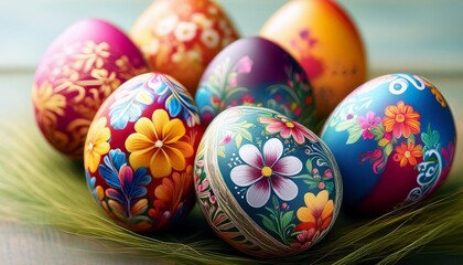 Fototapeta premium intricately painted easter eggs with stunning floral detail in close up shot generative ai