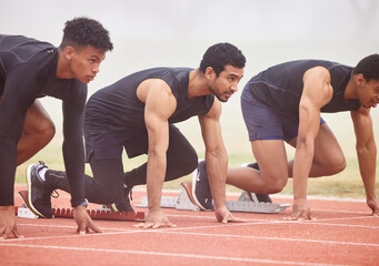 Men, race and running start in stadium for marathon, challenge and training for sport and fitness....