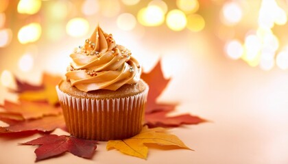 frosted iced caramel cupcake with srpinkles autumn fall leaves background