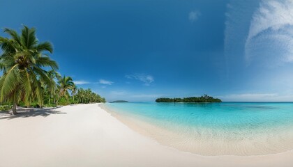Naklejka premium panorama of idyllic tropical beach with palm trees white sand and turquoise blue water
