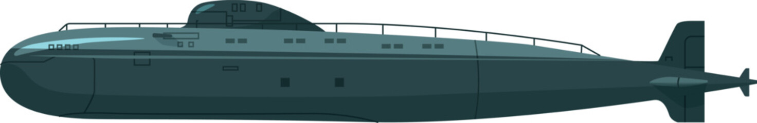 Submarine side view. Navy military underwater ship