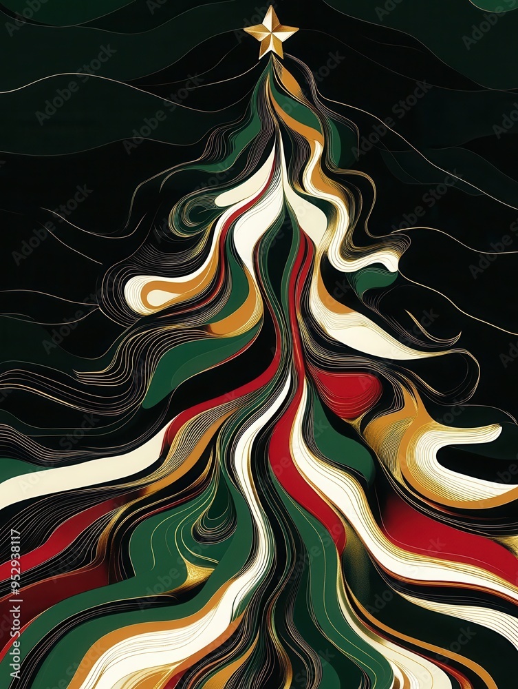 Poster a festive silhouette of a christmas tree emerges from intertwining abstract lines in rich colors, de