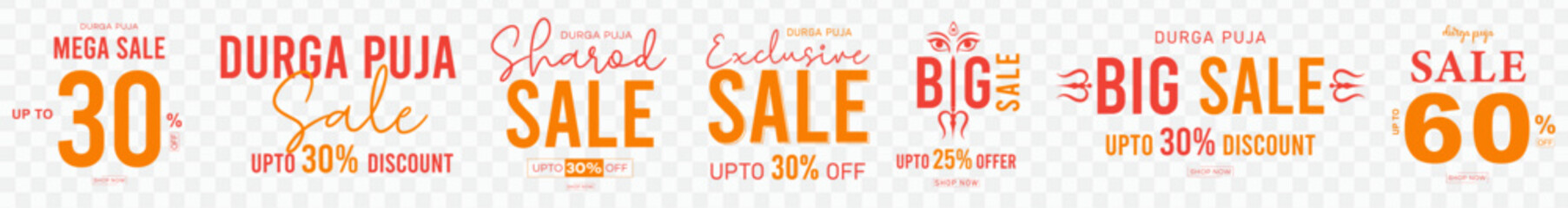 Set of. Durga Puja, Poster. Texts, fonts, Banner, Offer, Durga Puja Sale, Tags, Discount, Typography. Design.
