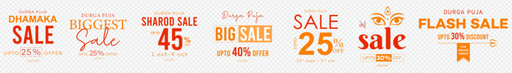 Set of. Durga Puja, Poster. Texts, fonts, Banner, Offer, Durga Puja Sale, Tags, Discount, Typography. Design.
