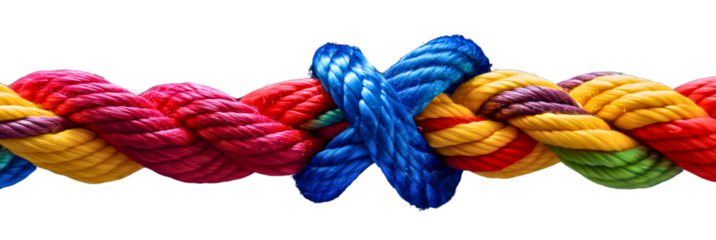 Colorful rope tied isolated on transparent background. Knot strength in connection, strong together as teamwork in unity and diversity, friends collective empower help and bonding, agreement, union
