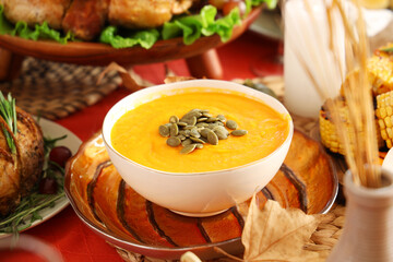 Festive table setting with tasty food for Thanksgiving Day, closeup