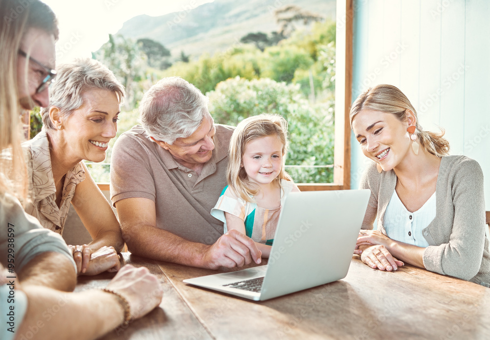 Sticker Grandparents, parents and children on laptop in home for online learning, watching movies and internet. Family, happy and senior people with mom, dad and kids on computer for cartoons in living room