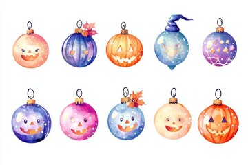 Isolated cute cartoon-style Halloween and Christmas ornaments with bright lights, featuring adorable and holiday-inspired designs