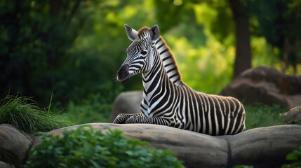 Zebra in zoo with striped black and white pattern, wild African animal in tropical outdoor jungle park, safari wildlife in nature during summer on the savanna