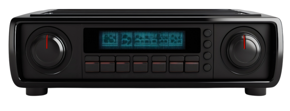 Radio and multimedia system isolated for modern car, digital display and controls on dashboard, audio equipment for music device with stereo tuner sound, and volume control