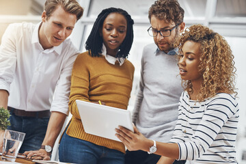 Tablet, team and creative business people planning, problem solving or brainstorming idea. Tech,...