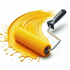 Yellow paint stroke with paint roller brush tool isolated on white background