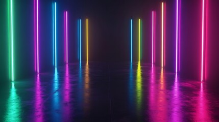 Neon Lights Reflecting on a Wet Floor