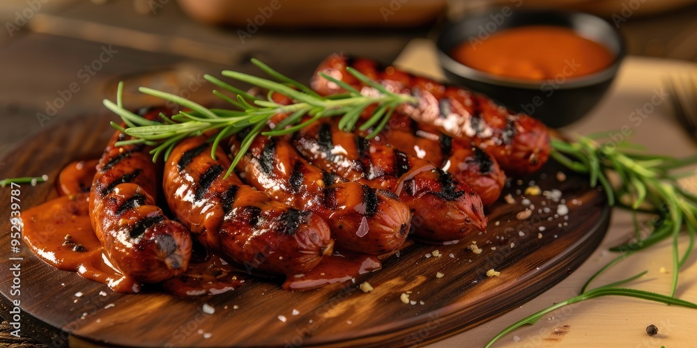 Poster grilled red sausage with zesty spicy sauce