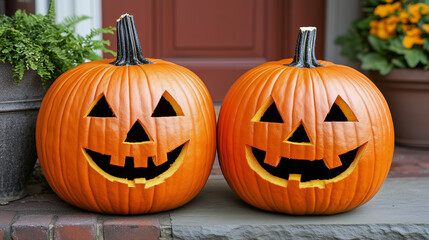 Fototapeta premium Two Jack o lantern pumpkins on a porch in autumn