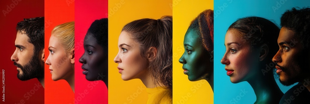 Aufkleber faces of diverse individuals are contrasted and separated by a striking barrier, revealing themes of