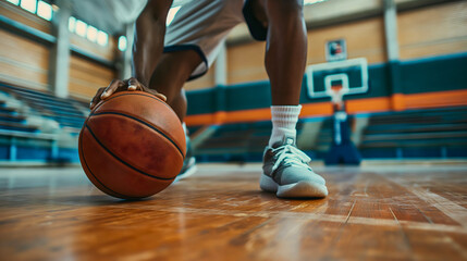 Naklejka premium African American basketball player dribbling and training in the gym, dynamic action shot showcasing athletic skill and fitness, young athlete in uniform practice for game or competition