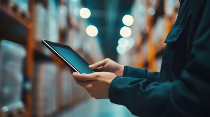 Close-up of hands using a tablet to manage inventory, set against a blurred warehouse backdrop