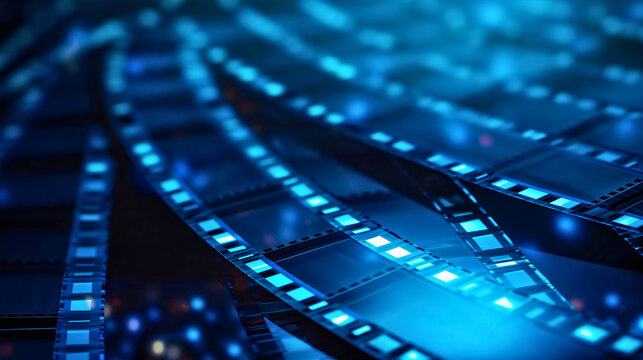 Digital blue and black film strip background. Cinematography and entertainment industry movie banner or poster with camera reel, production media frame, roll tape in motion, flyer, advertising