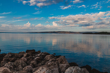 Krk Croatia Panoramic view of the sea and hills from the city beach