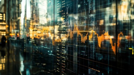 Financial Data Display on a Screen Reflected in a City Window