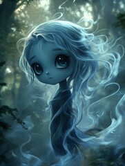 Melancholic Chibi Banshee Floating Through a Misty Forest with Ethereal Charm