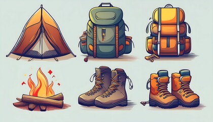Camping Gear Icons - set of flat icons for camping gear, including a backpack, tent, campfire, lantern. Graphic art illustration elements isolated