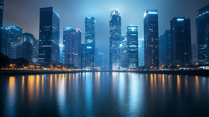 Fototapeta premium Cityscape of Modern Skyscrapers Reflected in a Calm Water Body at Night