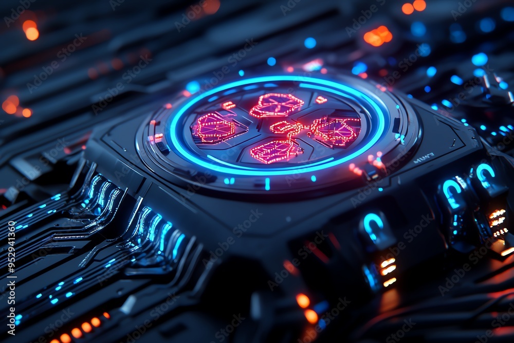 Poster neon color technology with led lights and digital displays, depicted in an artwork where a futuristi