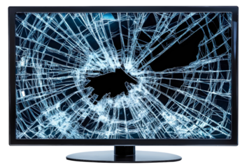 Broken monitor TV screen with cracked glass, isolated on white background, displaying damage and need for repair, symbolizing technology failure and destruction