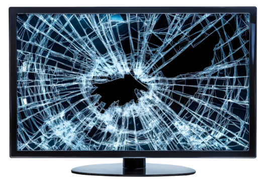 Broken monitor TV screen with cracked glass, isolated on white background, displaying damage and need for repair, symbolizing technology failure and destruction