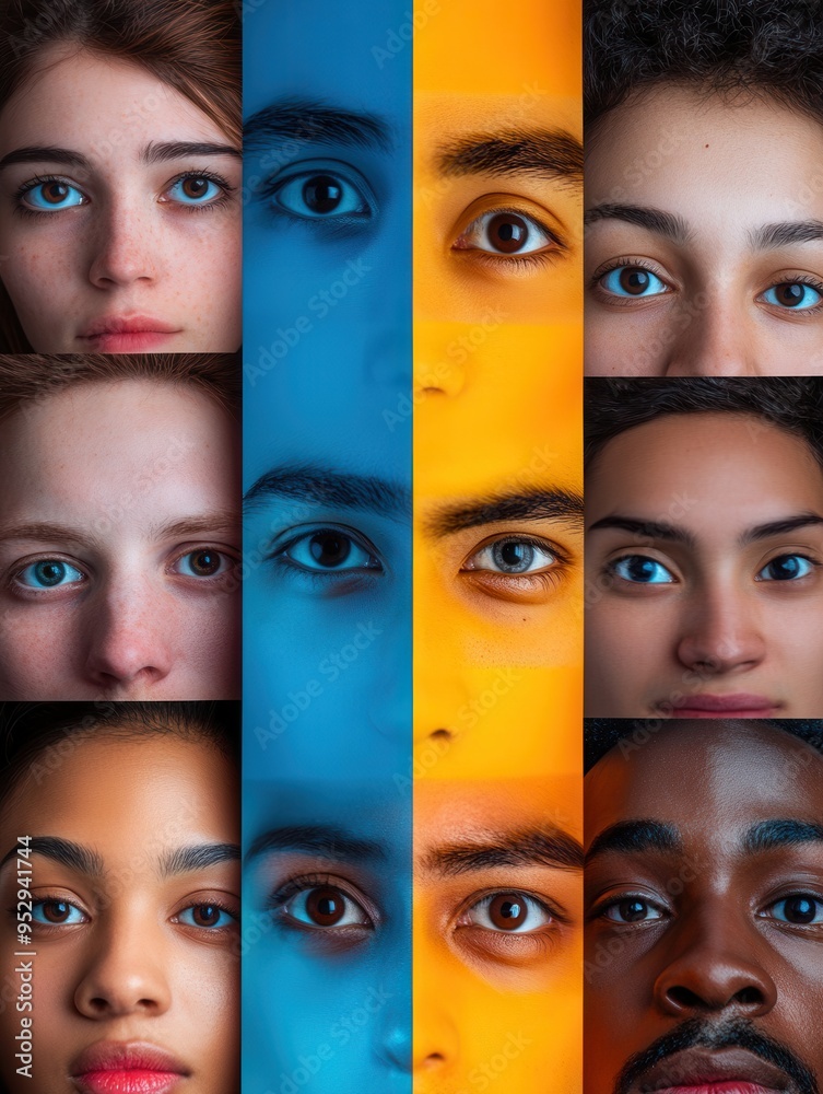Aufkleber Brightly colored faces express the theme of division and unity, showcasing the intricate differences within diverse identities. Generative AI