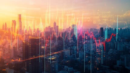 Cityscape with Overlayed Financial Charts and Data