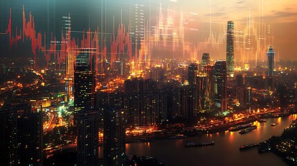 Cityscape with Overlaid Financial Charts at Dusk