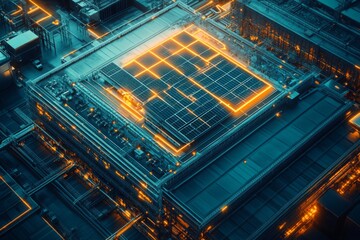 Fototapeta premium Solar Roof Monitoring with IoT Overlay: Visualizing the Integration of Real-Time Data and Advanced Technology in Energy Management. Highlighting the Efficiency and Connectivity of Smart Solar Solution