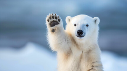 Adorable white  polar bear waving, cute and funny happy animal in winter snow, copy space background, perfect for a arctic holiday greeting card