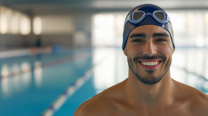 Professional swimmer in cap and goggles, training in a swimming pool, strong and athletic man, fit and muscular body with a smile, determination and confident in healthy fitness water sport