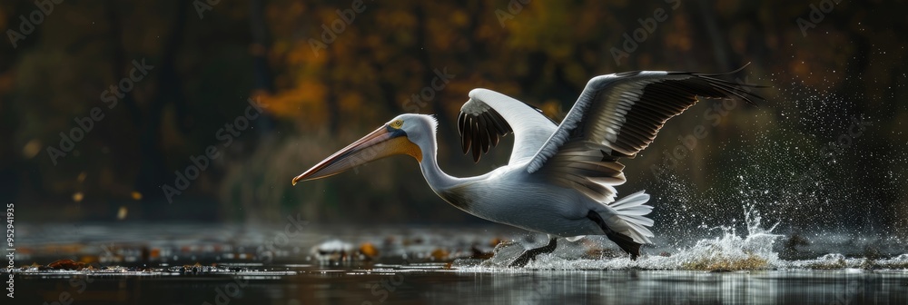 Poster pelican landing smoothly on the water with a gradual pan.