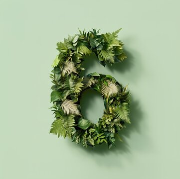 Lush Green Number Six Formed with Varied Tropical Leaves on Soft Mint Background, Showcasing Nature-Inspired Design and Eco-Friendly Aesthetics