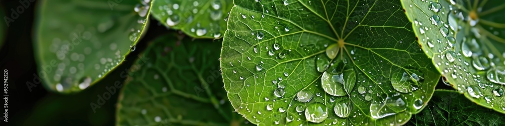 Poster Water droplets on a nasturtium leaf photographed with selective focus and a soft background.