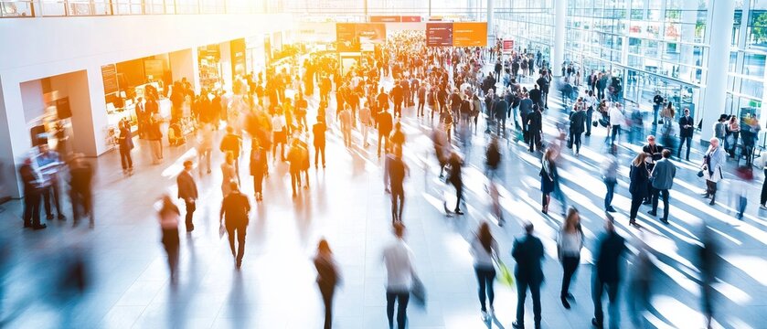 trade fair expo trade show booth international business convention event showcase center with large scale crowd of people gathering to see product and service display, background banner