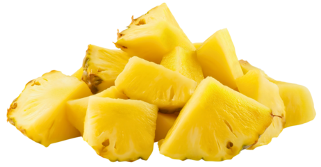 Isolated pineapple fruit slice, ripe and raw, cut piece of a fresh and juicy triangle ananas section on a transparent background, healthy and exotic snack or dessert